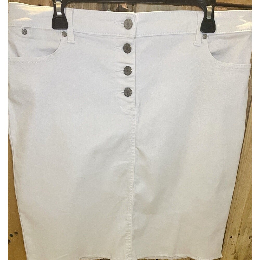 Talbots Denim Skirt White Jean A-line Womens Sz14 Pockets Button Fly Distressed